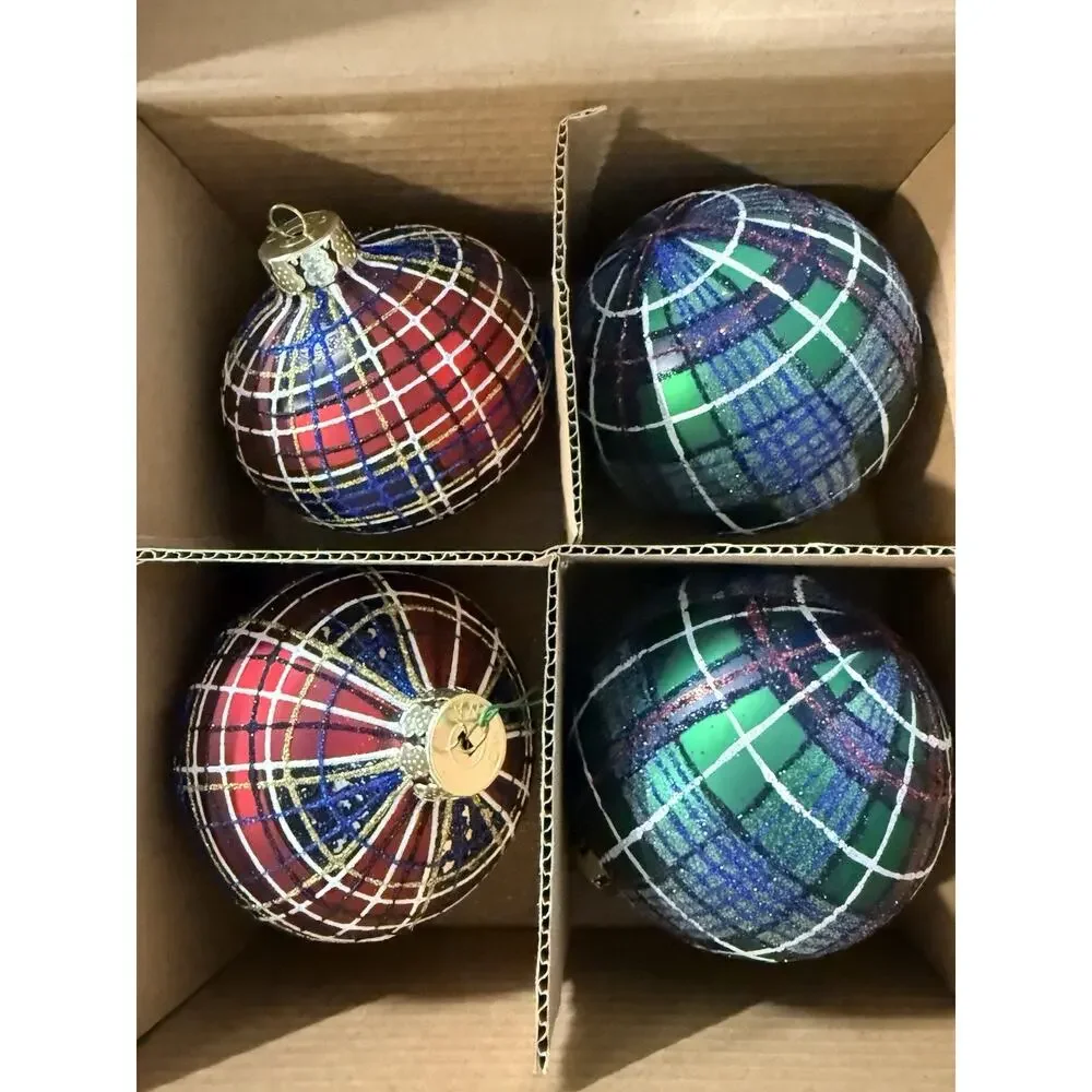 Vintage Jeffrey Banks Home Set of 8 Large Plaid Tartan Glass Ornaments w/ Box